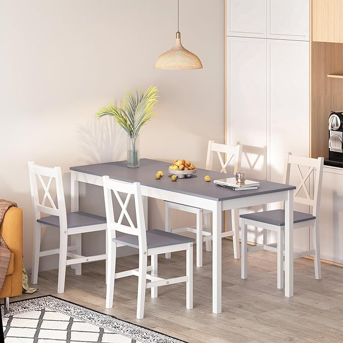 soges 5 Pieces Dining Table Set with 4 Chairs, 47.2 inch Kitchen Pine Wood Table for 4, Rectangular Dining Table Furniture Set for Kitchen, Dining Room, Dinette, White & Grey