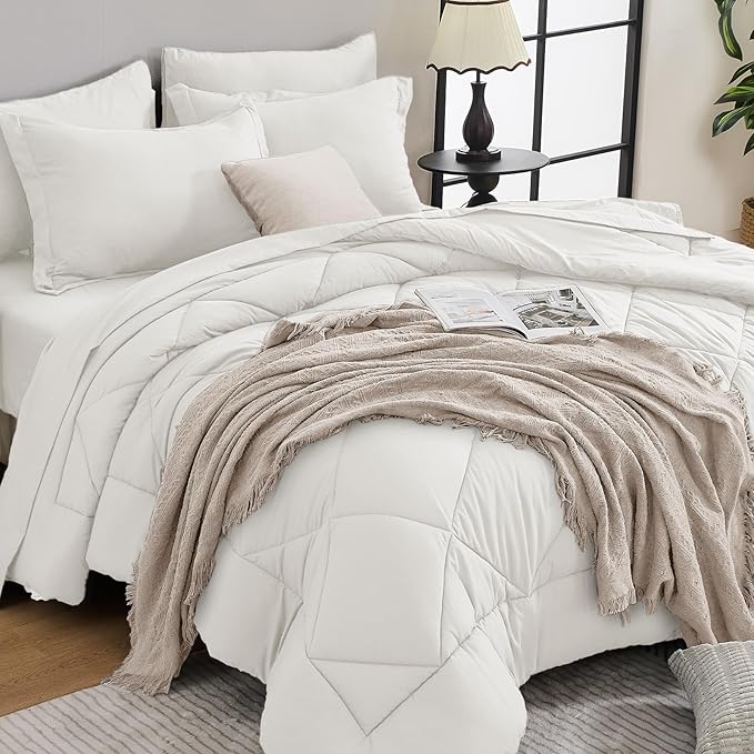 HEVUMYI Ivory Twin Comforter Set - 5-Piece All Season Bed in a Bag Twin, Ultra Soft Bedding Set with Comforter, Flat Sheet, Fitted Sheet, Pillowcases, Pillow Shams