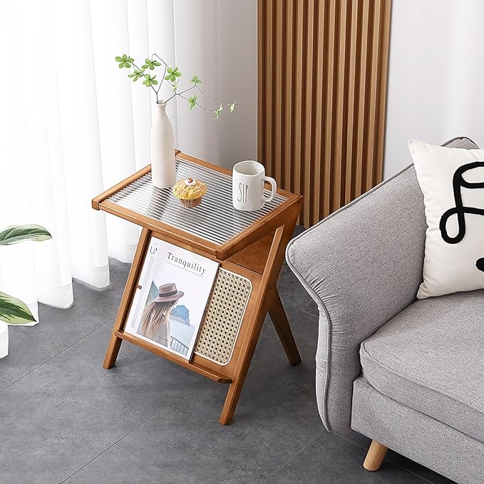 Tiita Rattan Side Table, Mid Century Nightstand, Bamboo Accent Bedside Tables, Glass Coffee Tables, Boho Wooden End Table with Storage for Small Space, Living Room and Bedroom