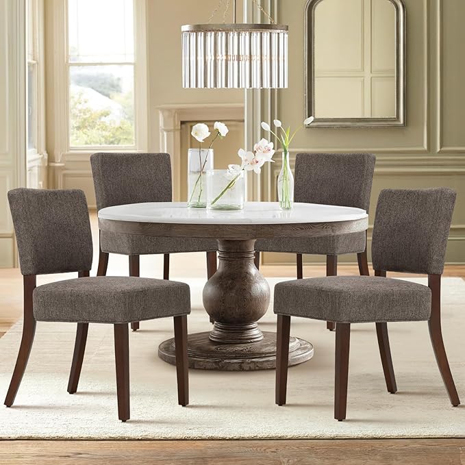 COLAMY Mid Century Modern Dining Chairs Set of 4, Upholstered Kitchen Chairs with Back, Farmhouse Fabric Side Dining Room Chairs with Wood Legs for Dining Room Kitchen Restaurant, Brown