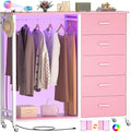 Cyclysio Dresser for Bedroom with Clothes Rack, 5 Fabric Drawers Dresser with Charging Station & LED Lights, Pink Storage Chest of Drawers with Wheels, Wooden Top, Lockable Wheels, Closet, Pink