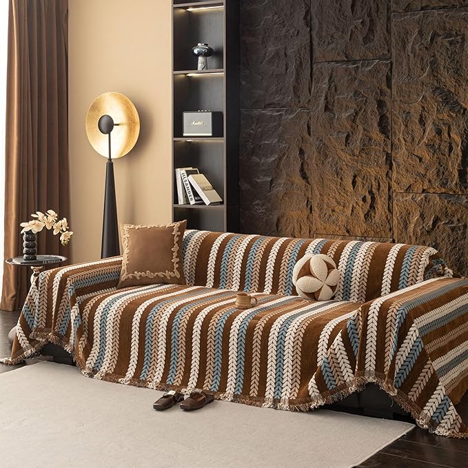 STACYPIK Khaki Jacquard Leaves Sofa Cover, Vintage Couch Cover for Dogs, Washable Pet Protector for 2 Cushion Couch, Non-slip Chenille Sofa Covers for Loveseat, Boho Couch Cover for Sectional-71X118IN