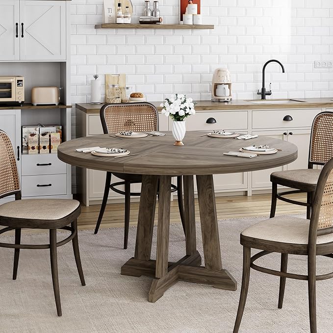 GarveeHome Round Dining Table for 4,Kitchen Dining Room Circle Dinner Pedestal Table,Space Saving Wood Kitchen & Dining Room Furniture,Grey 47-inch Diameter