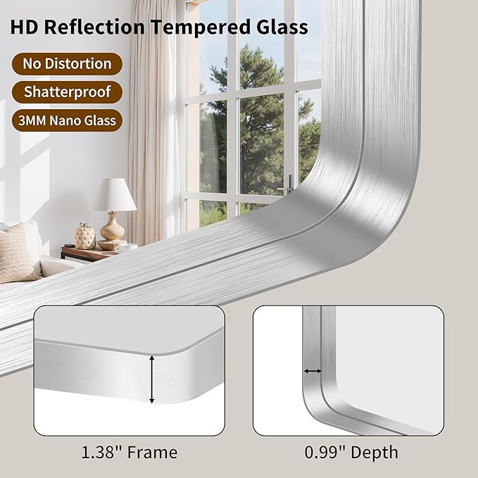 FORBATH 55x36 Inch Large Bathroom Mirror for Double Sinks, Brushed Silver Deep Frame Wall Mirror with Rounded Corners, Anti-Rust Tempered Glass for Modern Farmhouse Vanity (Horizontal/Vertical)