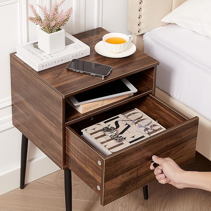 VECELO 2-Tier Nightstands Bedside Table with Storage Drawer and Open Wood Shelf, End Table for Living Room, Bedroom and Small Spaces, Night Stand with Metal Legs, Easy Assembly