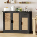 Irontar Kitchen Storage Cabinet, Sideboard Buffet Cabinet with Rattan Doors, Farmhouse Console Table with Drawer, Coffee Bar, Accent Table for Kitchen, Living Room, Hallway, Black and Natural CWG010BM