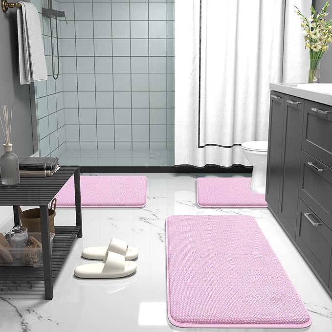 OLANLY Thick Memory Foam Bath Mat Rug 24x16, Extra Soft Absorbent Bathroom Rug, Quick Dry Bath Mats, Non-Slip, Machine Washable Carpet for Bathroom, Tub and Shower, Home Decor Accessories, Pink