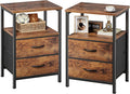 Huuger Night Stand Set of 2, Nightstand with 2 Drawers, Bed Side Table with Open Shelf, Wooden Top, End Table, Fabric Drawer, for Bedroom, Rustic Brown