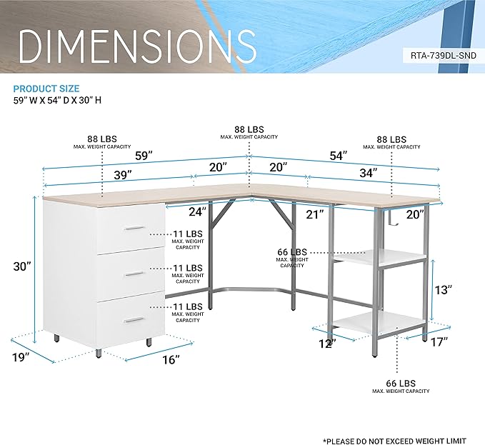Techni Mobili L Shaped Desk - Two-Toned Computer Desk with Drawers & Storage Shelves - Simple Modern Furniture & Home Office Space Corner Table for Work & Writing