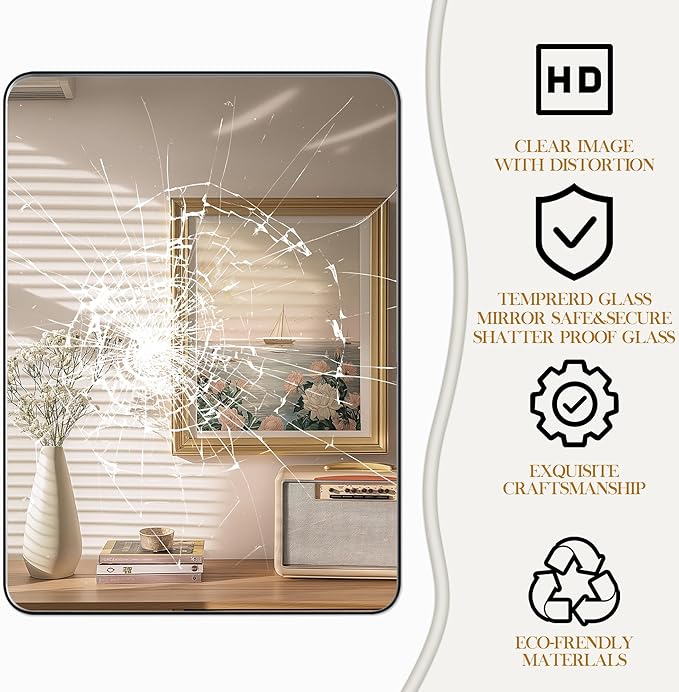 22×30 Black Bathroom Mirror, Rectangular Bathroom Vanity Mirror for Wall with Rounded Corners & Aluminum Alloy Frame, Tempered-Glass, Modern, Farmhouse, Horizontal/Vertical, Entryway, Bedroom