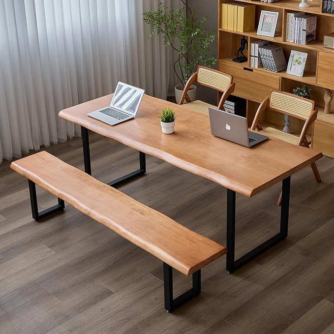 Stylish Brown Wooden Long Bench with Sturdy Metal Legs – Versatile Seating for Office, Restaurant, Living Room, and Meeting Room(Brown Bench, 55.12in)