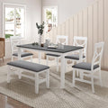 Ball & Cast 6 Piece Wood Dining Table Set,Kitchen Table Set with Upholstered Bench and 4 Dining Chairs,Farmhouse Living Room Furniture w/Carved Legs & Round Backrest,for Dining Room,Gray+White