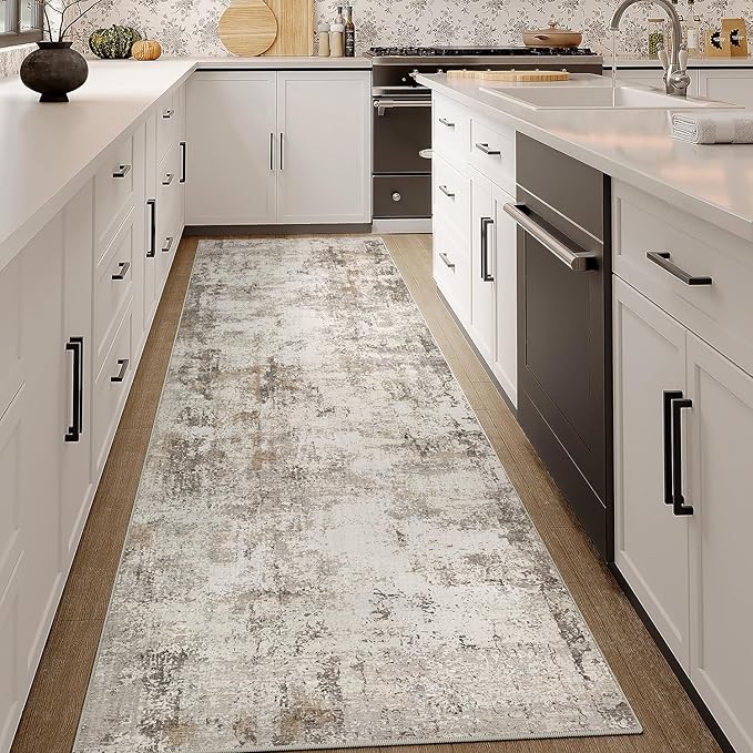 2x8 Washable Runner Rug Brown Grey Neutral Abstract Hallway Kitchen Living Room Bedroom Non Slip Throw Rug Soft Low Pile Indoor Carpet for Entrance Laundry Bathroom