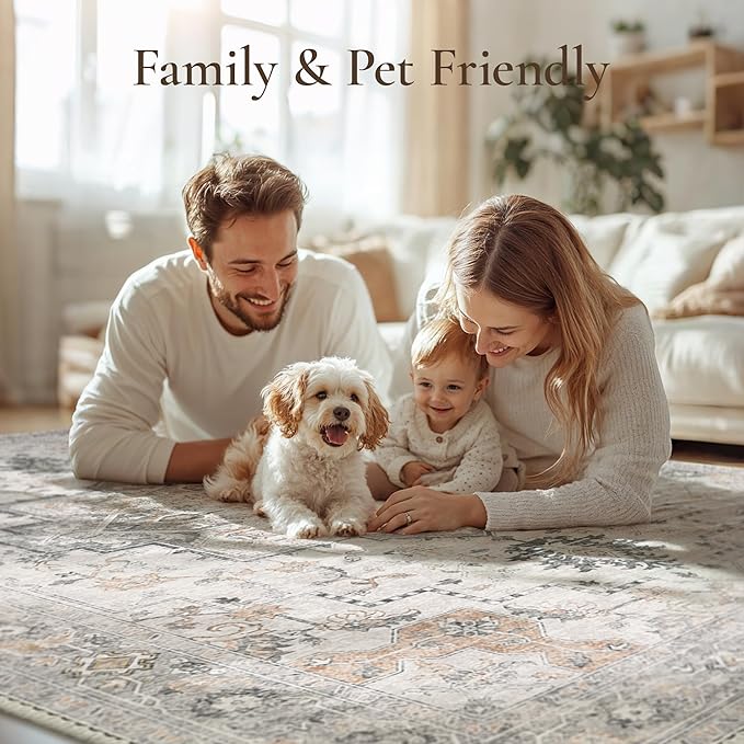 GENIMO 10x13 Area Rugs for Living Room, Non Slip Machine Washable Vintage Rugs, Low Pile Lightweight Chenille Print Large Rug for Bedroom, Dining Room, Home Office, Light Taupe Brown