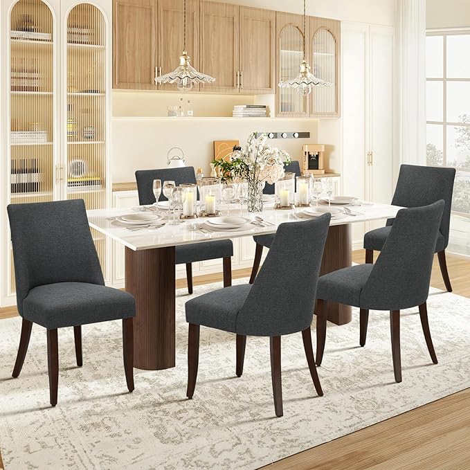 COLAMY Upholstered Dining Chairs Set of 6, Mid Century Modern Kitchen Chairs with Back, Farmhouse Fabric Side Dining Room Chairs with Wood Legs for Dining Room Restaurant, Dark Grey
