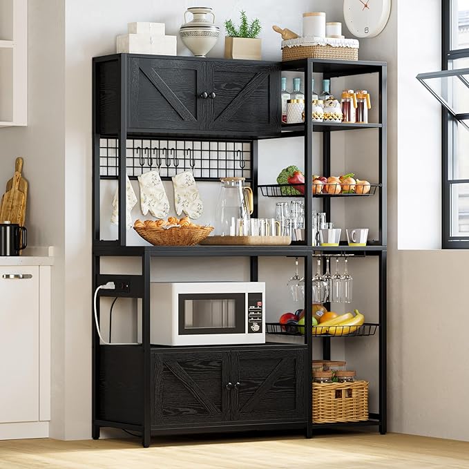 IRONCK Bakers Rack with 2 Storage Cabinets and Power Outlet, 45.3 Inch Industrial Coffee Bar Cabinet Shelves, Kitchen Microwave Stand with Storage, Vintage Black