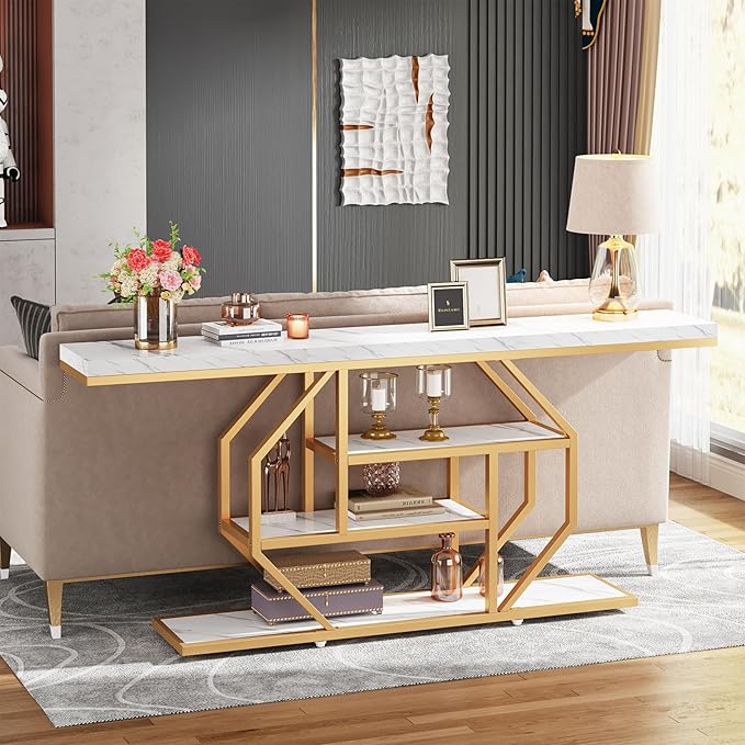 Tribesigns 70.9 inch Extra Long Console Table, Modern Gold Sofa Table Behind Couch with Storage, 4 Tier Entryway Accent Table for Living Room, Hallway, Entrance, Faux Marble White