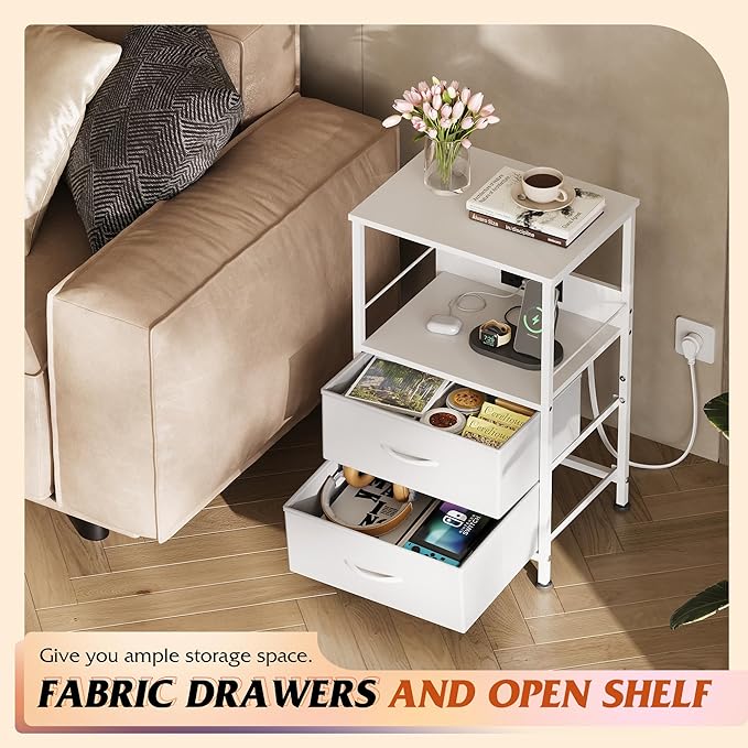 WLIVE White Night Stand Set of 2 with Charger Station, LED Nightstand with 2 Fabric Drawers and Storage Shelf, Bedside Tables with 3 USB Ports and 2 Outlets, Small Dresser for Bedroom,Small Space