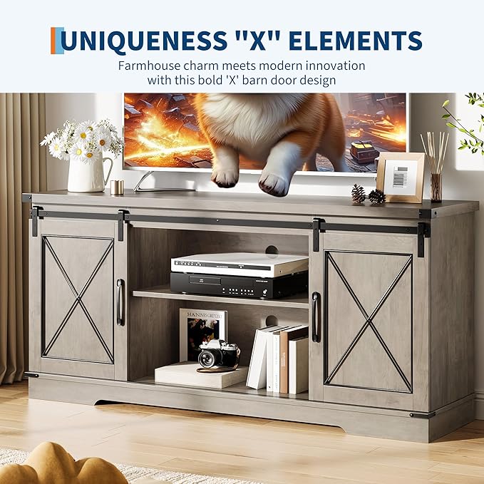 GarveeHome Farmhouse TV Stand for TV up to 65 Inches and Entertainment Center with Sliding Barn Doors and Adjustable Shelf, Tv Media Console Table with Storage Cabinet for Living Room, Bedroom, Grey