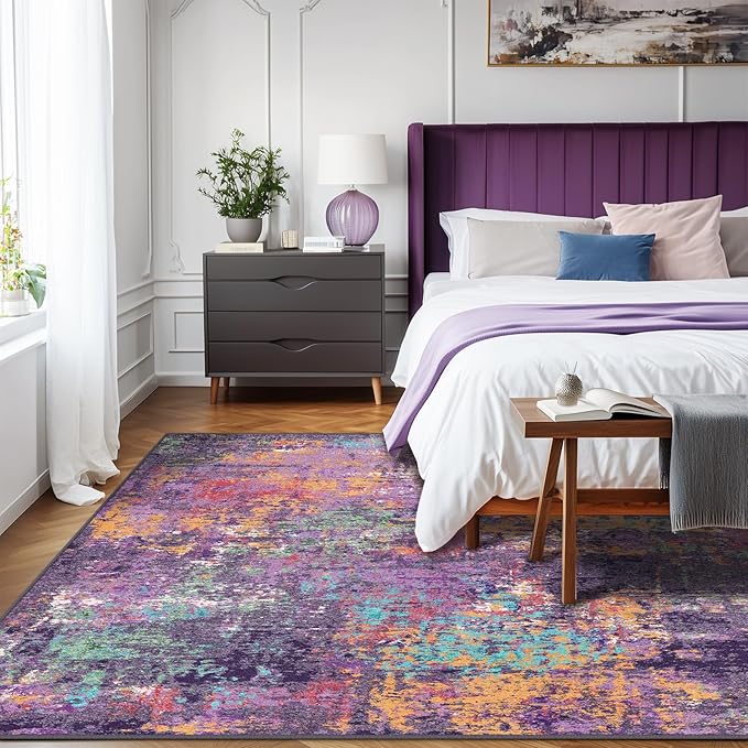 Washable Area Rugs 5'x7' Non-Slip Modern Abstract Soft for Living Room Entryway Bedroom Nursery, Print Pattern, Purple Orange Blue Green Rust Red Colorful