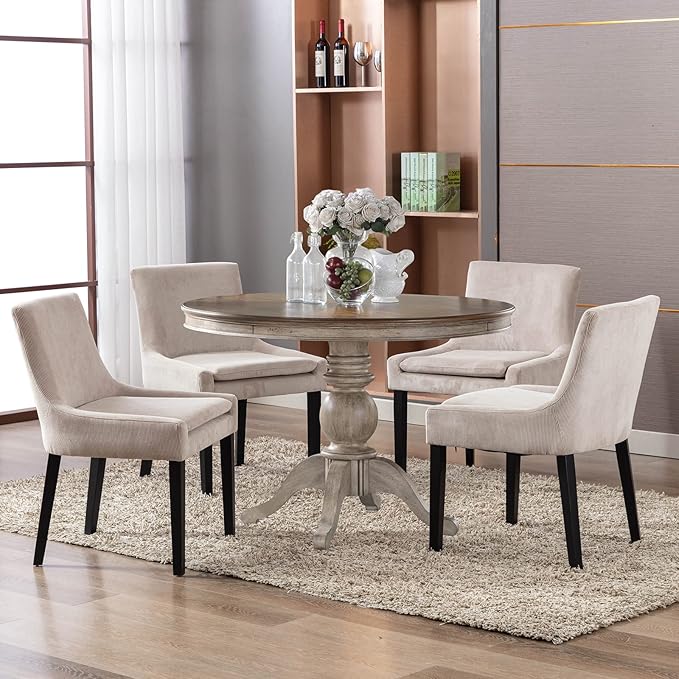 COLAMY Modern Dining Chairs Set of 2, Upholstered Corduroy Accent Side Leisure Chairs with Mid Back and Wood Legs for Living Room/Dining Room-Beige