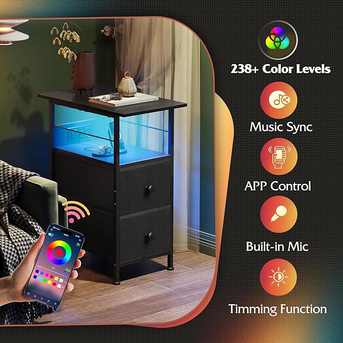 WLIVE Narrow Side Table with Charging Station, End Table with LED Light, 2 Fabric Drawers and Open Shelf, Black Bedside Tables Living Room, Small Space, Bedroom, Night Stand with Charger Station