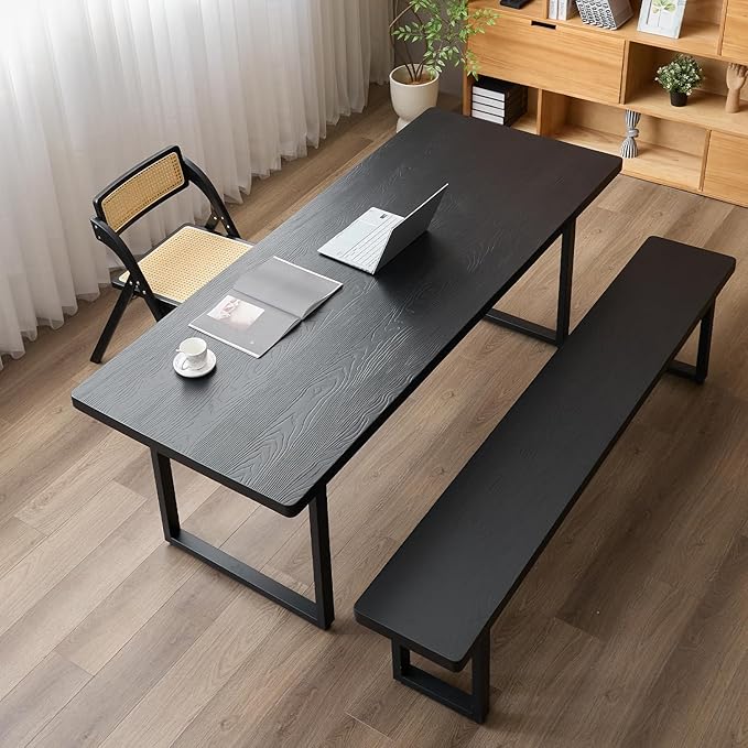 Modern Solid Wood Dining Table with Metal Base Stylish Durable Dining Room Table in Black Multiple Sizes Home Use Office Desk(78.74in)