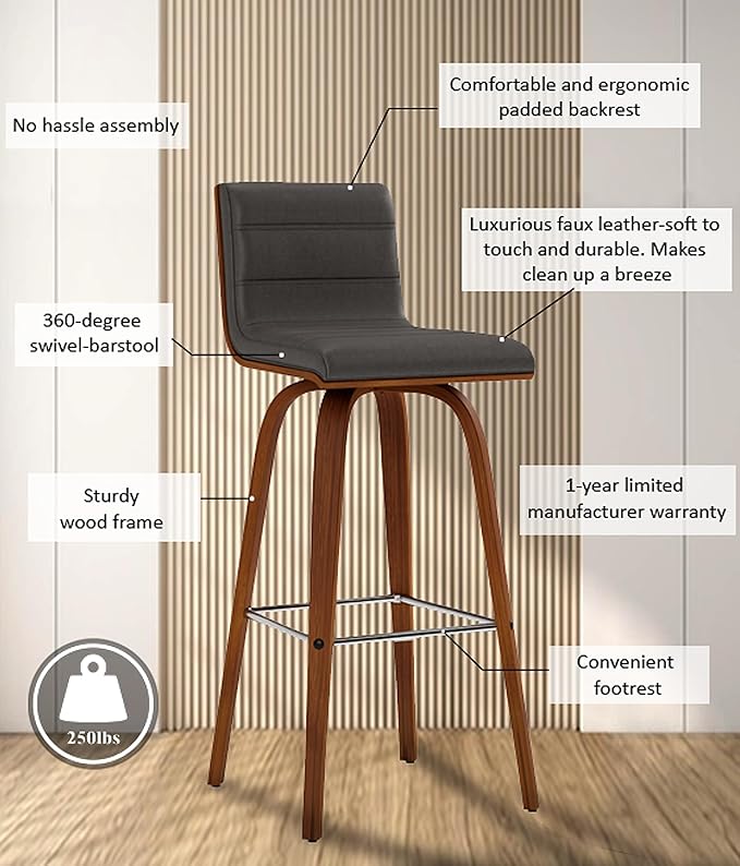 Vienna 30" Swivel Bar Stool in Walnut Wood Finish with Gray Faux Leather - Set of 2