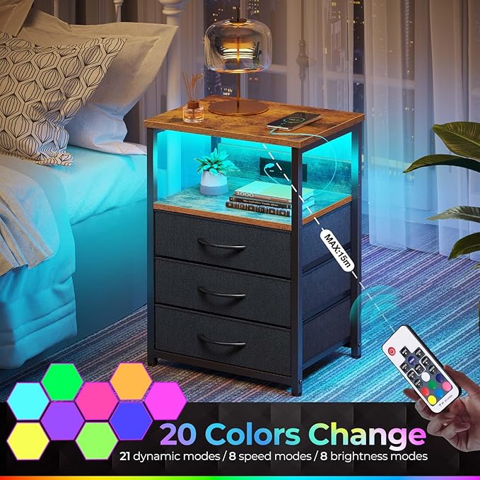 Seventable Nightstand with Charging Station and LED Light, Side Table with 3 Fabric Drawers, Bedside End Table with USB Ports and Outlets, Night Stand for Bedroom, Rustic Brown