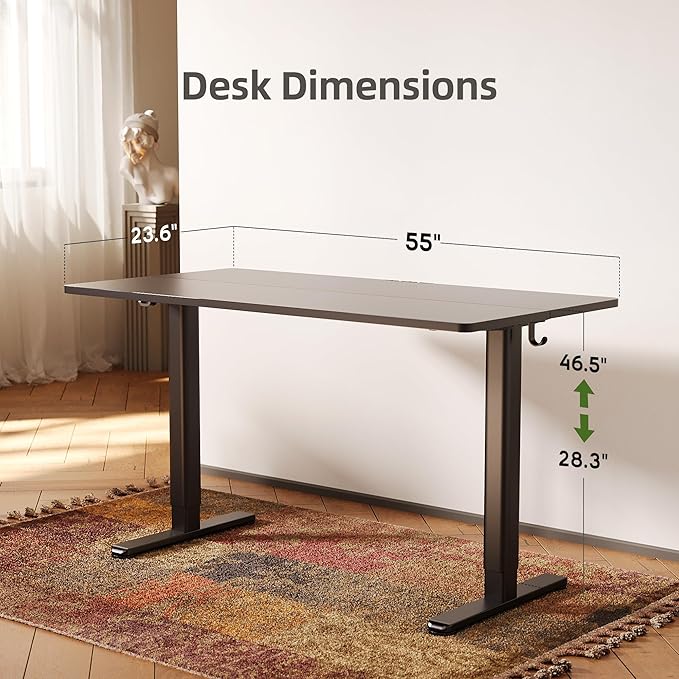 Seang Standing Desk with Adjustable Height, 55x24 Inch Electric Stand Up Desk for Home Office, Studio, Computer Workstation, Black Top
