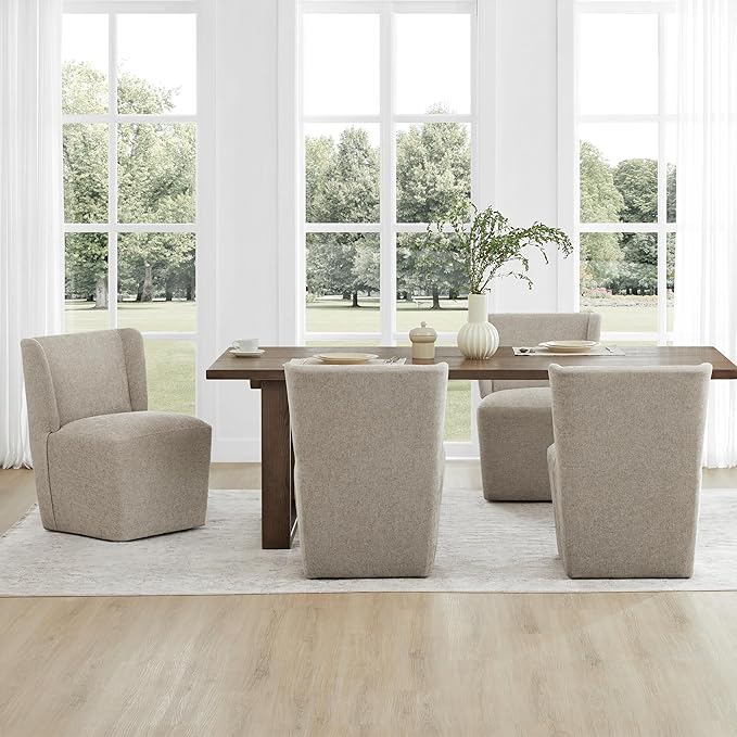 Upholstered Dining Chair with Casters Wingback Modern Side Armless Deskchair with Rollers for Diningroom Bedroom Livingroom Reading Room,Khaki,4 Box