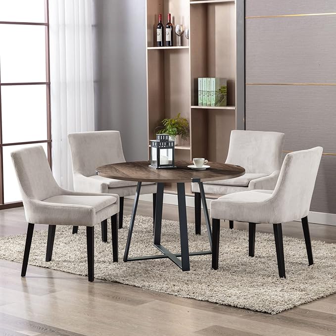COLAMY Modern Dining Chairs Set of 4, Upholstered Corduroy Accent Side Leisure Chairs with Mid Back and Wood Legs for Living Room/Dining Room-Beige