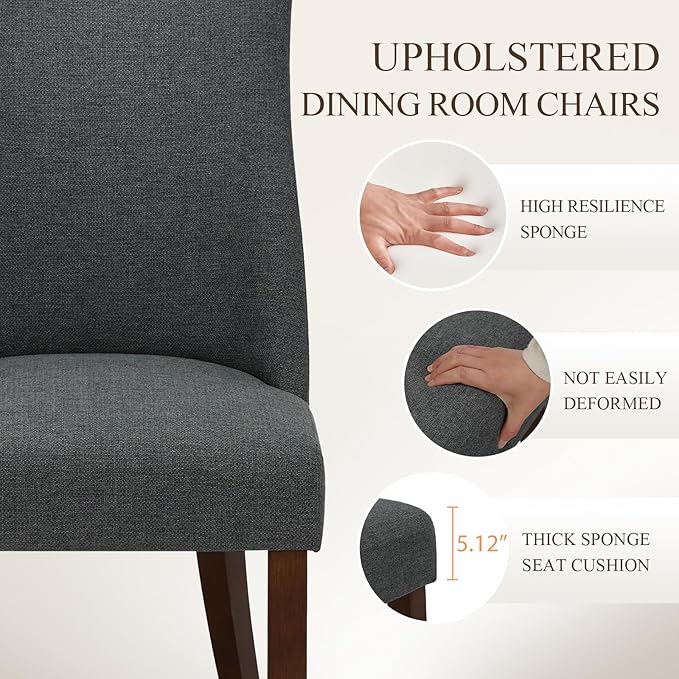 COLAMY Upholstered Dining Chairs Set of 2, Mid Century Modern Kitchen Chairs with Back, Farmhouse Fabric Side Dining Room Chairs with Wood Legs for Dining Room Restaurant, Dark Grey