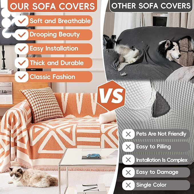 STACYPIK Soft Thick Boho Orange Loveseat Sofa Covers Modern Geometric Couch Cover for 1 Cushion Couch Reversible Pet-Friendly Protector Covers with Tassels Washable Caramel Sofa Throw Covers-71X71IN