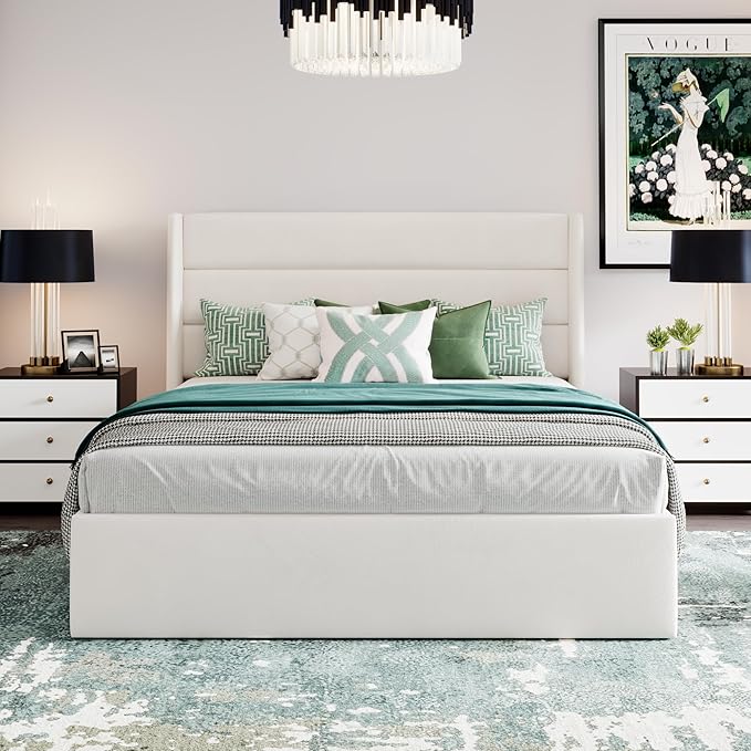 SHA CERLIN Queen Size Lift Up Storage Bed/Velvet Upholstered/Modern Wingback Headboard/Upholstered Platform Bed Frame/Hydraulic Storage/No Box Spring Needed/White
