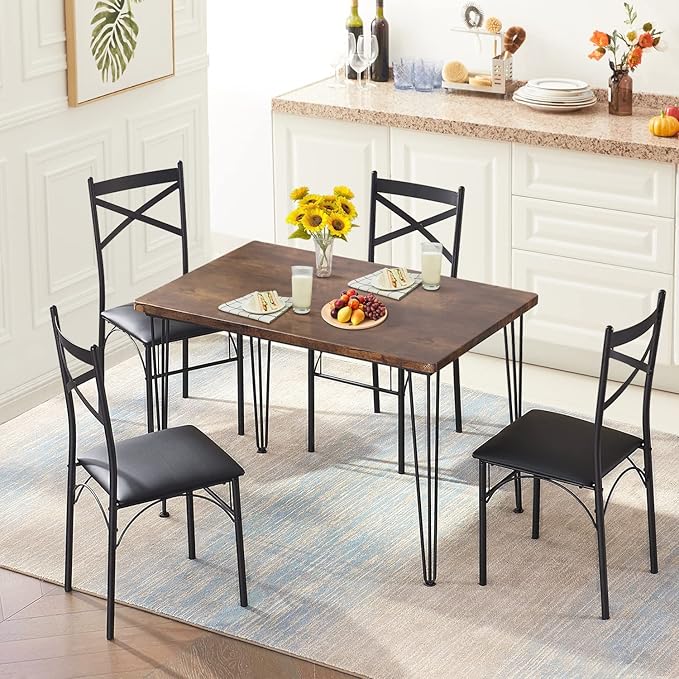 VECELO 5-Piece Dining Table Set for Home Kitchen Small Space Breakfast Nook, 4 Faux Leather Metal Frame Chairs, Retro Brown