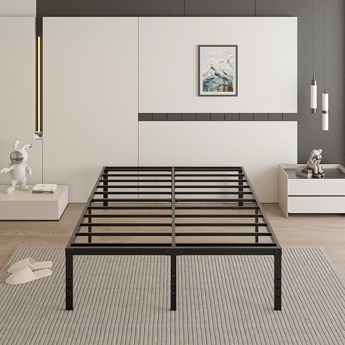 18 Inch King Size Bed Frame with Black Bed Cover, Metal King Size Platform Bed Frame No Box Spring Needed, Heavy Duty Mattress Foundation, Easy Assembly, Noise Free
