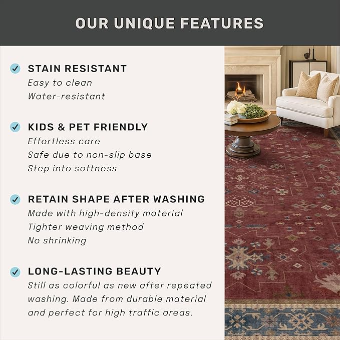 Moroccan Big Rugs for Living Room - Dark Red 10x12 Area Rug for Large Bedroom, Dining Room, Washable Lightweight Foldable Oriental Burgendy Home Décor