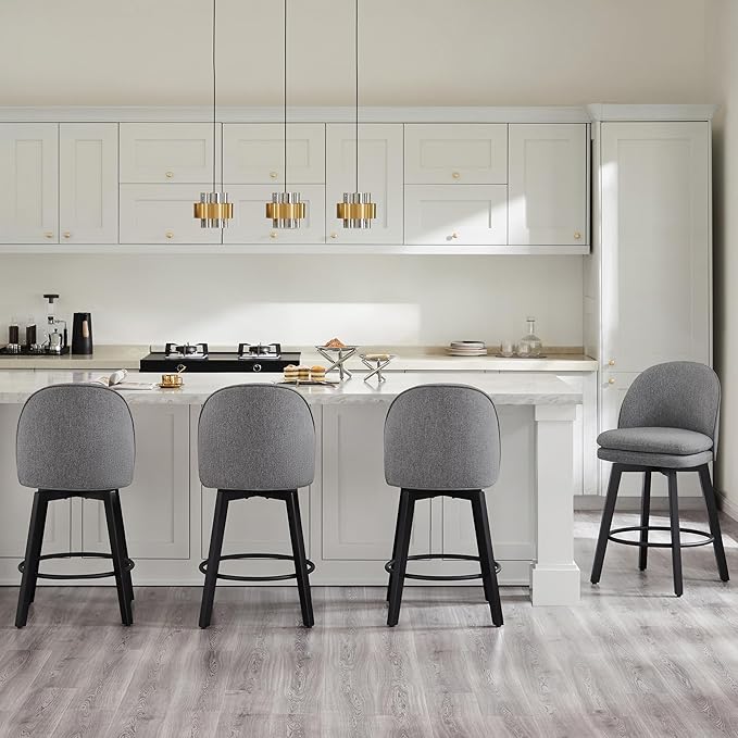 Counter Height Barstools 26 inch Upholstered Swivel Bar Stools with Back and Wood Legs for Kitchen Island,Set of 1,Dark Grey Fabric-Armless