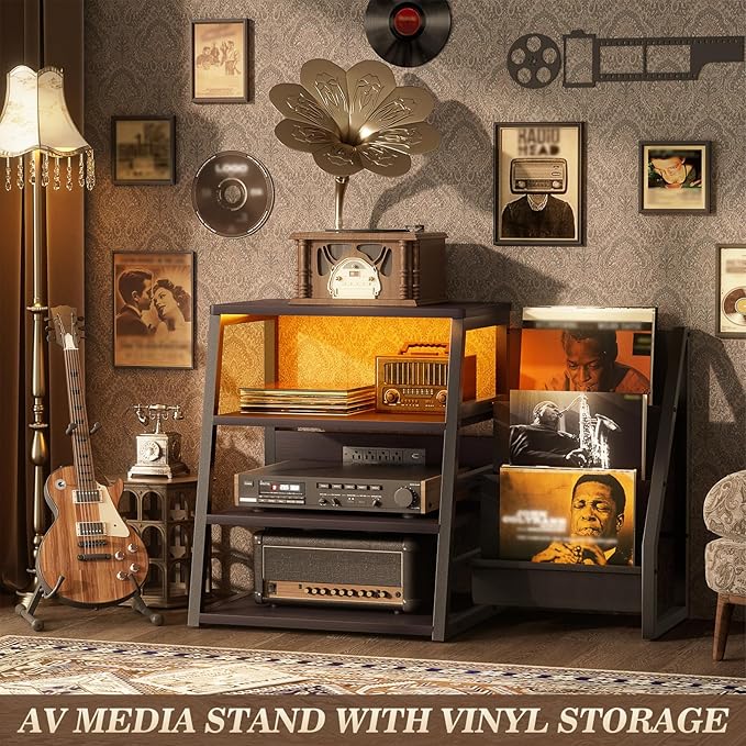 AV Media Stand with Outlets, Stereo Stands and Racks with Vinyl Storage, Stereo Stand with Record Storage, Audio Stereo Rack Cabinet, Turntable Console Stand with LED lights, 4 Tiers, Black Ebony
