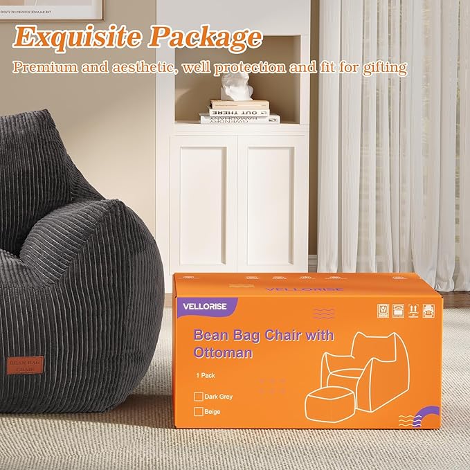 Big Bean Bag Chair for Adults & Kids, Ultra Soft Living Room Bean Bag with Armrests & Ottoman, Stuffed BeanBag Floor Sofa for Napping, Gaming, Lounging, Dark Gray