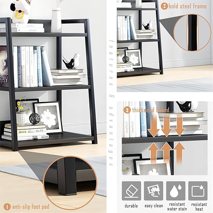 IOTXY 4 Tier Open Bookshelf - Steel and Wood Display Stand, 50CM Width Floor-Standing Bookcase, Black