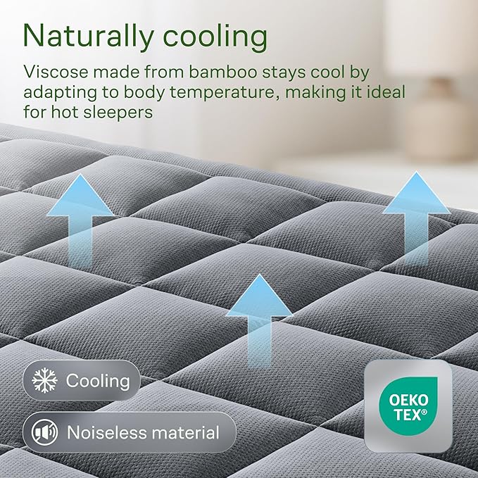 Ultra Soft Queen Size Mattress Topper - Viscose Made from Bamboo Pillow Top Mattress Pad for Back Pain Relief - Naturally Cooling for Hot Sleepers, Grey