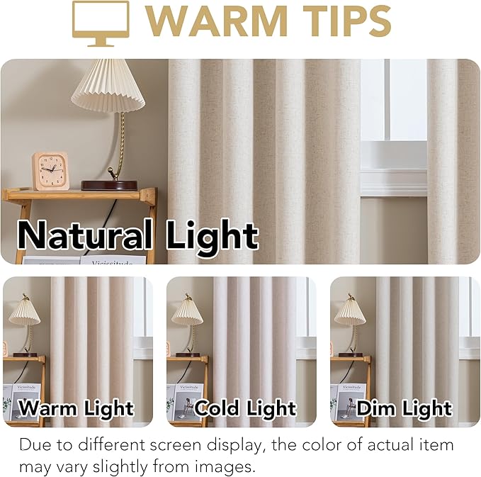 H.VERSAILTEX Linen Curtains 100% Blackout Curtains for Bedroom 108 inch Long Full Light Blocking Nature Linen Blended Window Curtains for Living Room Nickel Grommet (2 Panels, Heathered Natural)