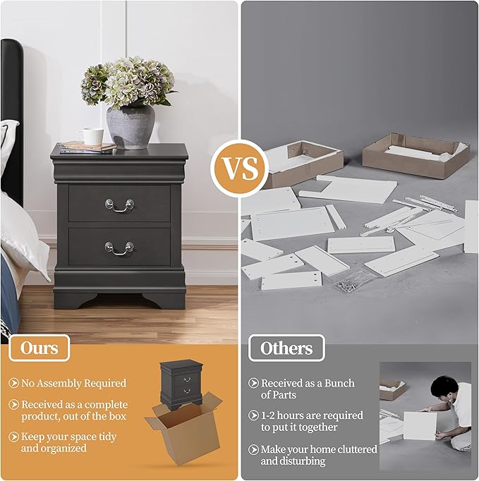 Yaheetech Fully-Assembled Nightstand with Drawers, Classic 2-Drawer Nightstand Large Bedside Table with Storage, Wooden Painted Storage Cabinet for Bedroom, 21.5″L×16″W×24.5″H, Rustic Gray