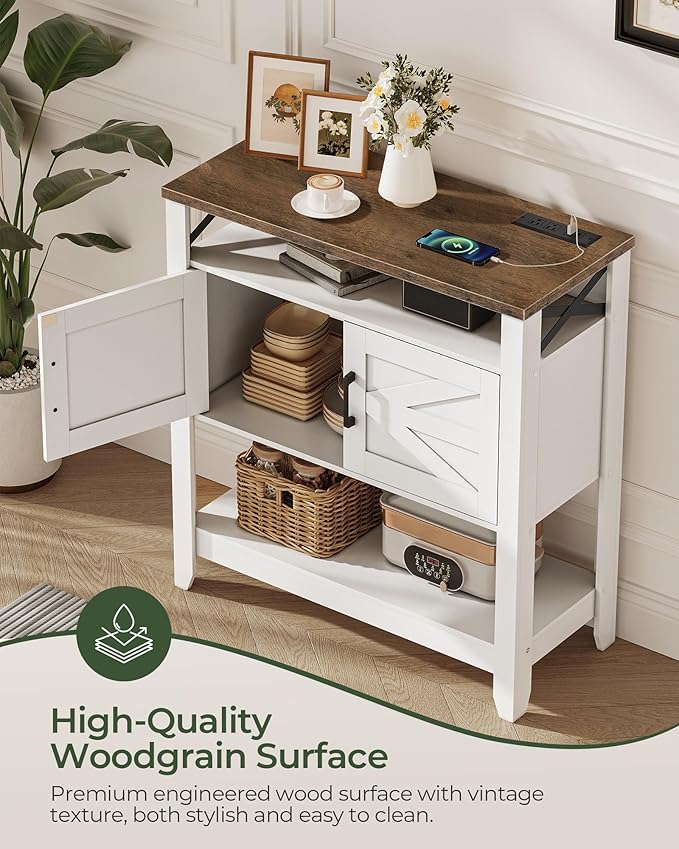 Console Table, Farmhouse Sofa Table with Power Outlet, Entryway Table with Cabinet and Open Shelves, Coffee Bar Cabinet with Storage for Entrance, Hallway, Kitchen, White and Walnut MXG01UWL