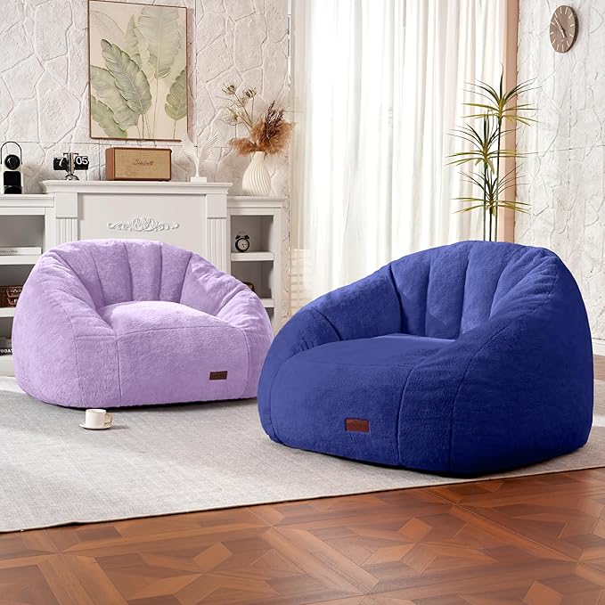 HABUTWAY Bean Bag Chair, Giant Bean Bag Chairs for Adults with Ottoman, Comfy Faux Fur Shell-Shaped Bean Bag Couch, Sofa Chair for Living Room, Bedroom, Purple