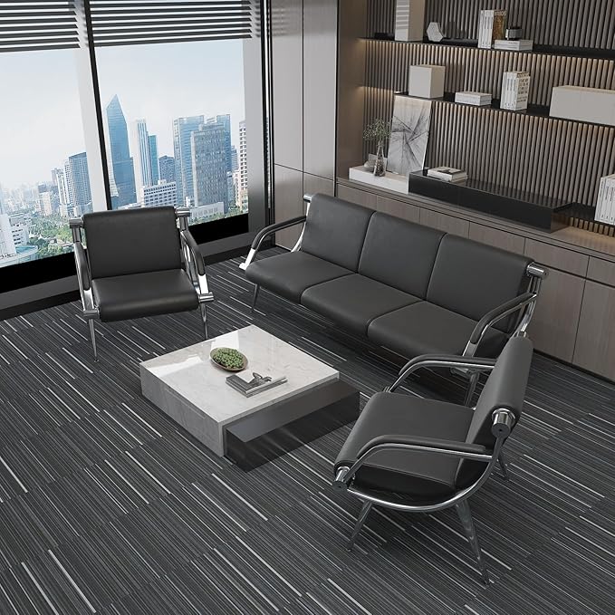 wonline Waiting Room Chair with Armrest Black PU Leather Office Furniture, Office Guest Seating Lobby Conference Reception Chairs for Airport Clinic Hospital Bank Salon Barber(Black)