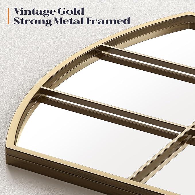 Wide Arched Mirror, 36" x 24" Gold Window Mirror, Antique Brass Farmhouse Mirrors for Living Room Dining Room Bedroom Fireplace Hallway Entryway