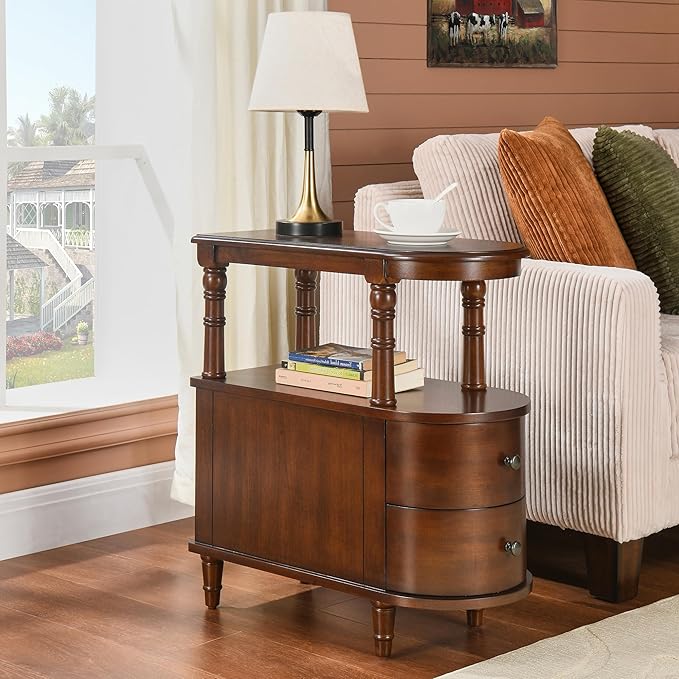 2 Set of Wood End Table with 2 Drawers and Storage Shelf, Narrow Sofa Side Table for Living Room, Vintage Slim Nightstand Bedside Table for Bedroom, Slim Chair Side Table Cherry Walnut A508CY